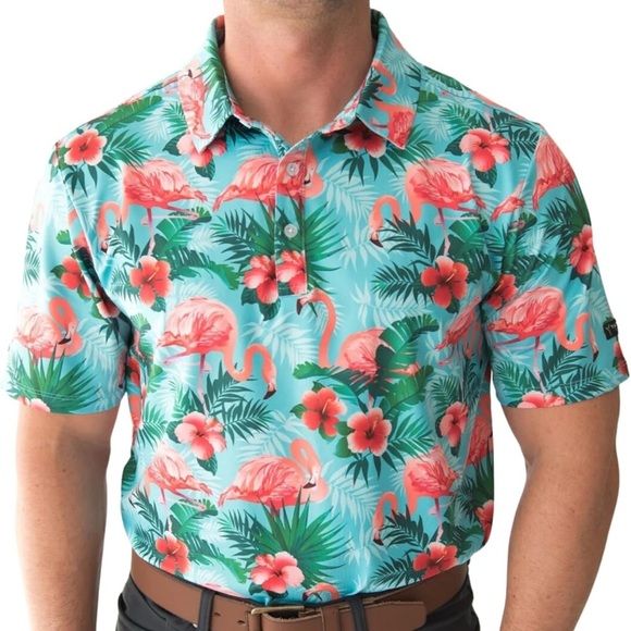 Yatta Golf ‎Pau Hana Polo Flamingo Print Performance Polo Men's XXL Stretch - Picture 1 of 10